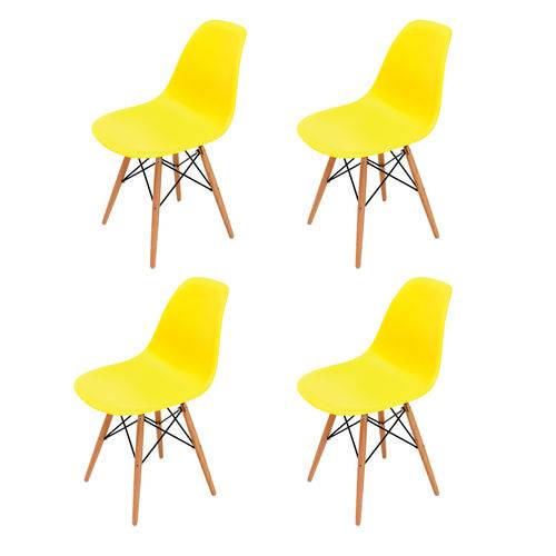 Conjunto 4 Cadeiras Eiffel Eames DSW Base Madeira Amarela