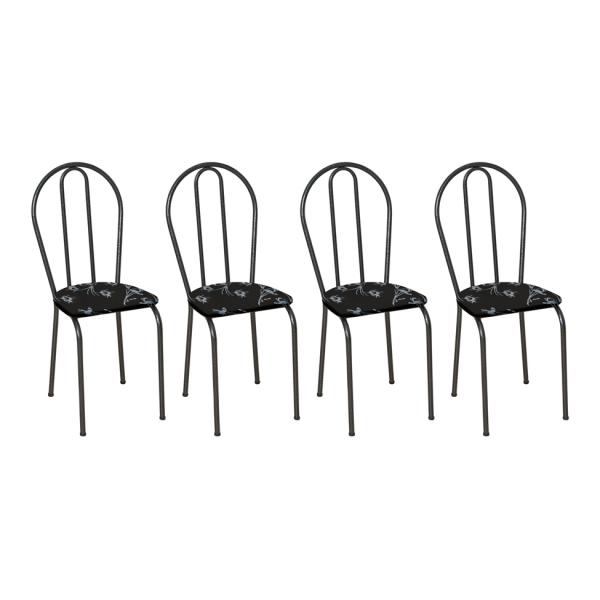 Conjunto 4 Cadeiras Hécate Cromo Preto e Preto Flor - Artefamol