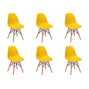 Conjunto 6 Cadeiras Charles Eames Eiffel Wood Base Madeira - Amarelo