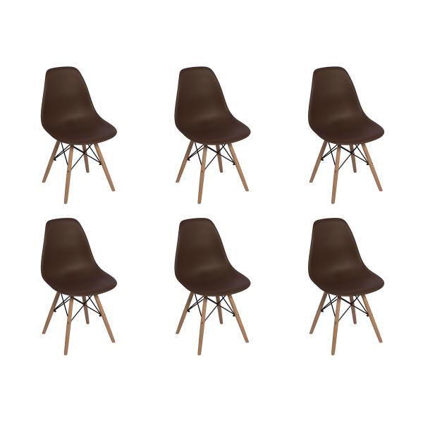 Conjunto 6 Cadeiras Charles Eames Eiffel Wood Base Madeira - Marrom - Magazine Decor