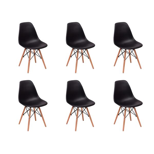 Conjunto 6 Cadeiras Charles Eames Eiffel Wood Base Madeira - Preta - Magazine Decor