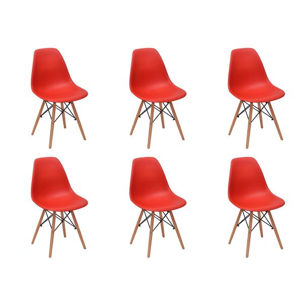 Conjunto 6 Cadeiras Charles Eames Eiffel Wood Base Madeira - Vermelha - Magazine Decor
