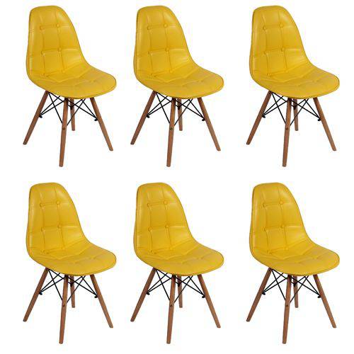 Conjunto 6 Cadeiras Dkr Charles Eames Wood Estofada Botonê - Amarela