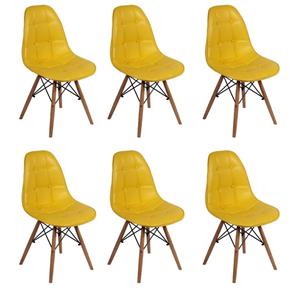 Conjunto 6 Cadeiras Dkr Charles Eames Wood Estofada Botonê - Amarelo Ouro