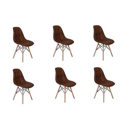 Conjunto 6 Cadeiras Dkr Charles Eames Wood Estofada Botonê - Marrom