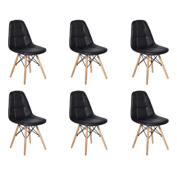 Conjunto 6 Cadeiras Dkr Charles Eames Wood Estofada Botonê - Preta - Magazine Decor