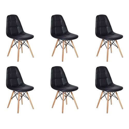 Conjunto 6 Cadeiras Dkr Charles Eames Wood Estofada Botonê - Preta
