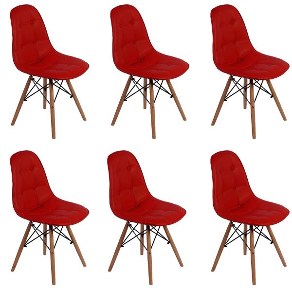 Conjunto 6 Cadeiras Dkr Charles Eames Wood Estofada Botonê - Vermelha - Magazine Decor