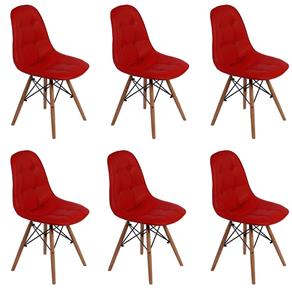 Conjunto 6 Cadeiras Dkr Charles Eames Wood Estofada Botonê - Vermelho