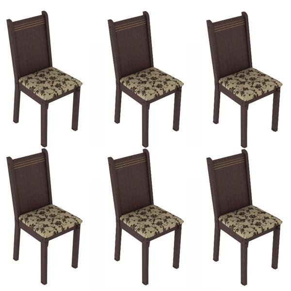 Conjunto 6 Cadeiras Lucy Madesa Tabaco/Floral Bege/Marrom