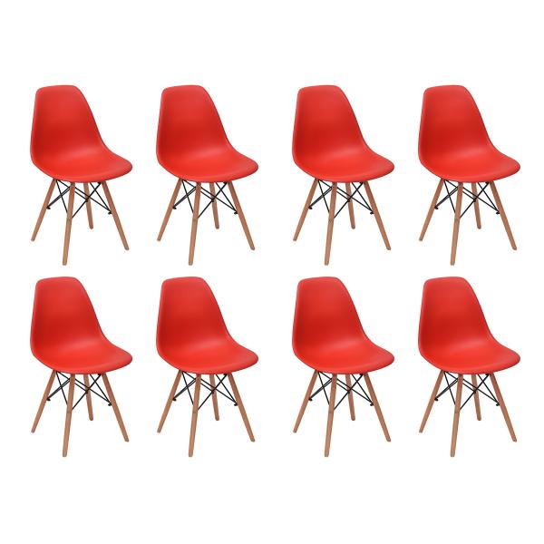 Conjunto 8 Cadeiras Charles Eames Eiffel Wood Base Madeira - Vermelha - Magazine Decor