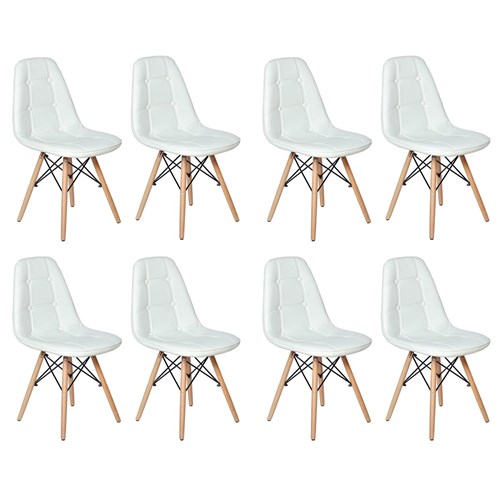 Conjunto 8 Cadeiras Dkr Charles Eames Wood Estofada Botonê Branca
