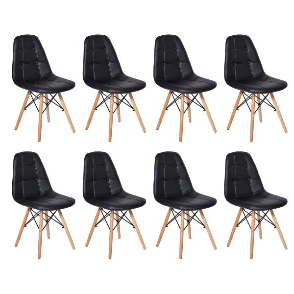 Conjunto 8 Cadeiras Dkr Charles Eames Wood Estofada Botonê Preta - Magazine Decor