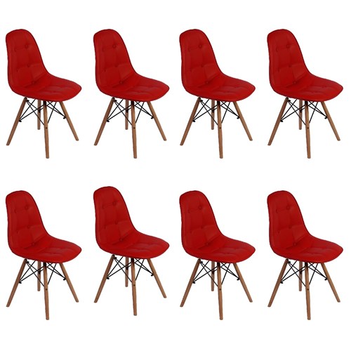 Conjunto 8 Cadeiras Dkr Charles Eames Wood Estofada Botonê Vermelha