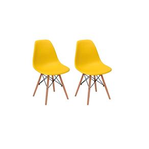 Conjunto 2 Cadeiras Charles Eames Eiffel Wood Base Madeira - Amarela