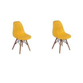 Conjunto 2 Cadeiras DKR Charles Eames Wood Estofada Botonê - Amarelo Claro