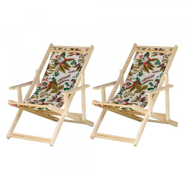 Conjunto 2 Cadeiras Espreguiçadeira Dobrável Madeira Maciça Natural com Tecido - Móveis Brasil