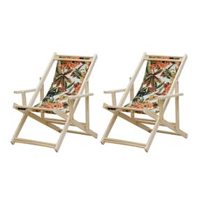 Conjunto 2 Cadeiras Espreguiçadeira Dobrável Madeira Maciça Natural com Tecido Tucano - Móveis Brasil