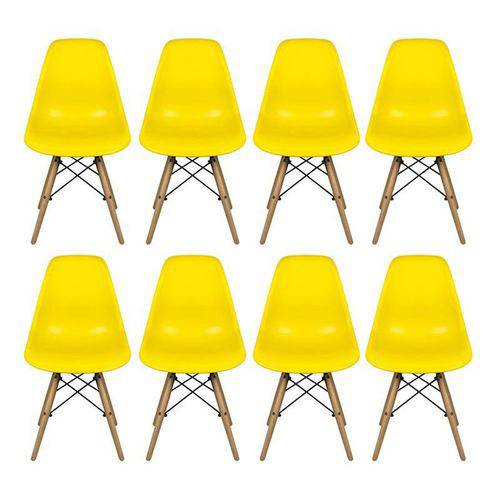 Conjunto com 8 Cadeiras Dkr Eames Polipropileno Base Eiffel Madeira Amarela Inovakasa