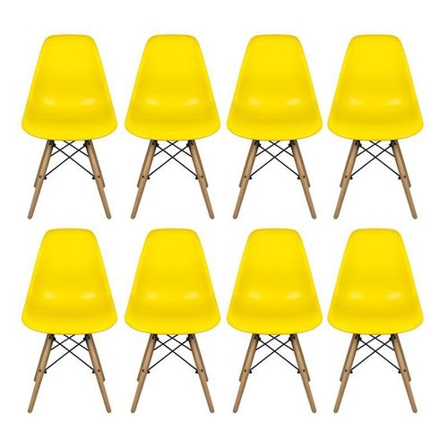 Conjunto com 8 Cadeiras Dkr Eames Polipropileno Base Eiffel Madeira Amarela Inovakasa