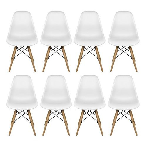 Conjunto com 8 Cadeiras Dkr Eames Polipropileno Base Eiffel Madeira Branca Inovakasa