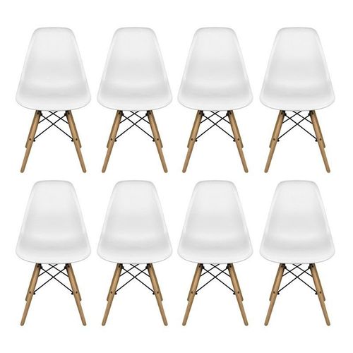 Conjunto com 8 Cadeiras Dkr Eames Polipropileno Base Eiffel Madeira Branca Inovakasa