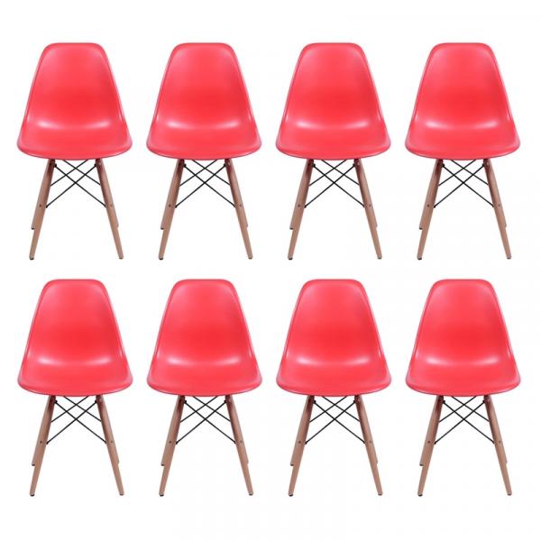 Conjunto com 8 Cadeiras Dkr Eames Polipropileno Base Eiffel Madeira Vermelha Inovakasa
