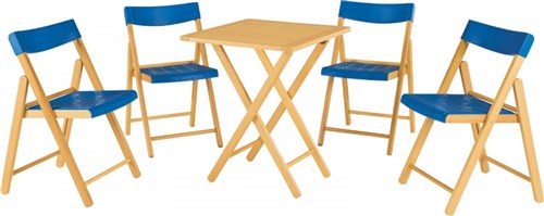 Conjunto de Cadeiras e Mesa de Madeira Tramontina Potenza Dobrável em Madeira Tauari com Acabamento Envernizado e Polipropileno Azul 5 Peças