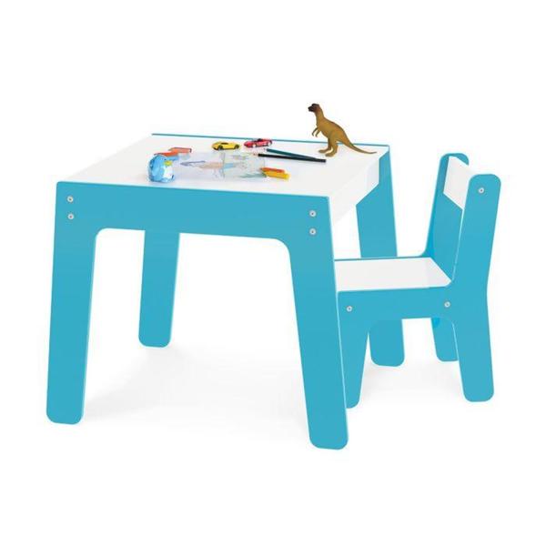Conjunto de Mesa + Cadeira Infantil Azul em Madeira Junges (3638)