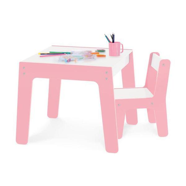 Conjunto de Mesa + Cadeira Infantil Rosa em Madeira Junges (3637)