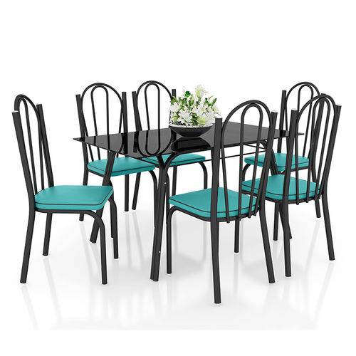 Conjunto de Mesa com 6 Cadeiras Preto Fosco com Azul - Artefamol