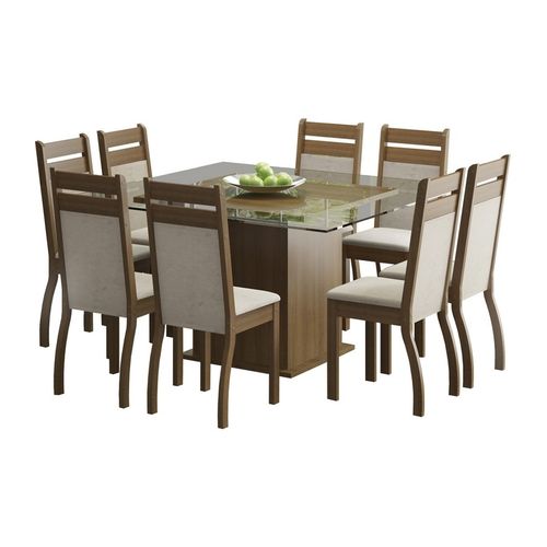 Conjunto de Mesa com Tampo de Vidro e 8 Cadeiras Rustic-Pérola Louise Madesa