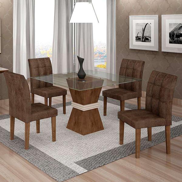 Conjunto de Mesa de Jantar com 4 Cadeiras Vitória Veludo Chocolate e Marrom - Cel Móveis
