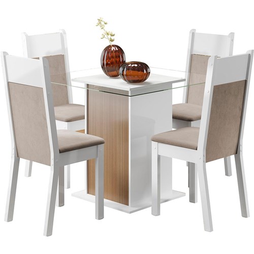 Conjunto de Mesa de Jantar Isis Branco/Capri com 4 Cadeiras Isis Branco/Suede Pérola - Madesa
