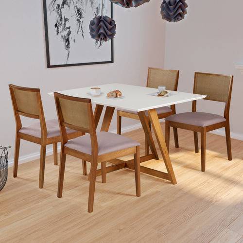 Conjunto de Mesa de Jantar Lizzi com 4 Cadeiras - Branco/Castanho