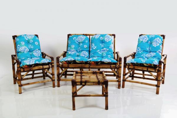 Cadeiras de Área + Mesa de Centro Bambú 4 Lugares + Almofadas - Vl Decor