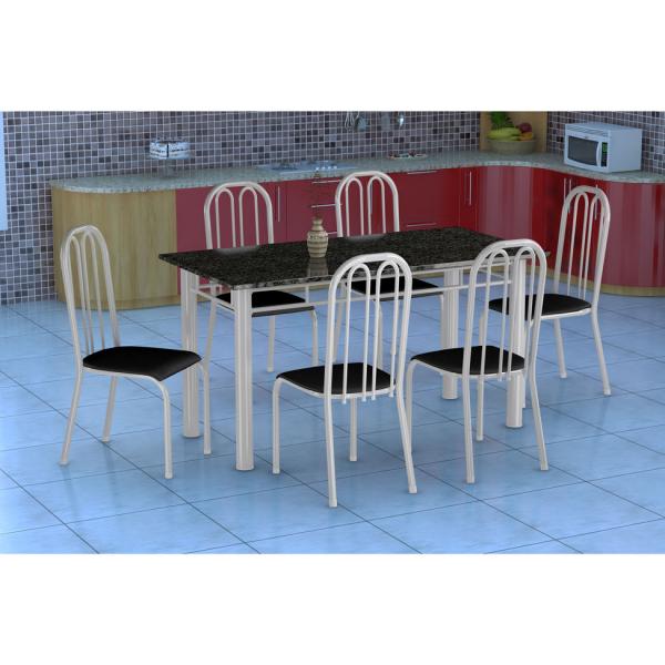Conjunto de Mesa Granada com 6 Cadeiras Sevilha Branco e Preto Liso - Fabone