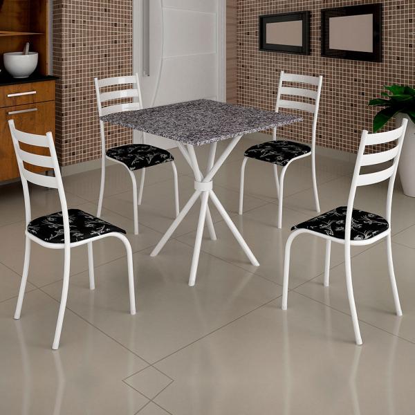 Conjunto de Mesa Itália 0,70m Tampo Granito com 4 Cadeiras 591/13 Madmelos Branco / Preto Flor