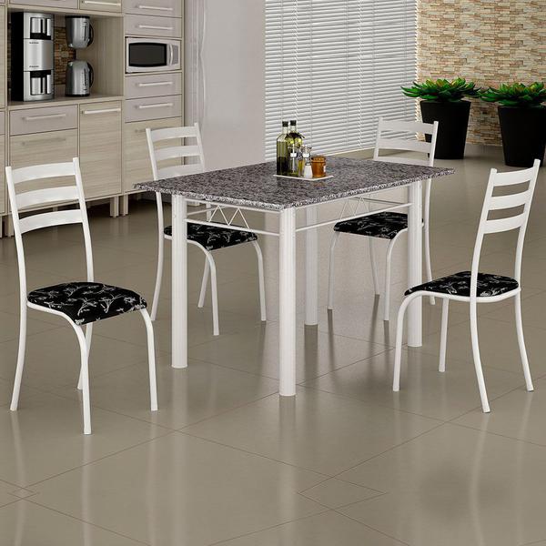 Conjunto de Mesa Itália 1,20m Tampo Granito com 4 Cadeiras 591/13 Madmelos Branco / Preto Flor