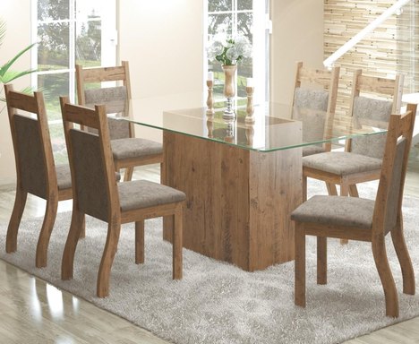 Conjunto de Mesa para Sala de Jantar Ambar com Vidro 6 Cadeiras Jady Ébano/Dakota