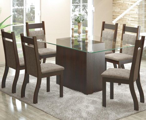 Conjunto de Mesa para Sala de Jantar Ambar com Vidro 6 Cadeiras Jady Nogueira/Dakota