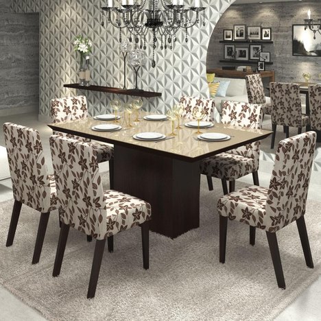Conjunto de Mesa para Sala de Jantar Chaplin Vidro Bronze com 6 Cadeiras Nogueira/Brownie
