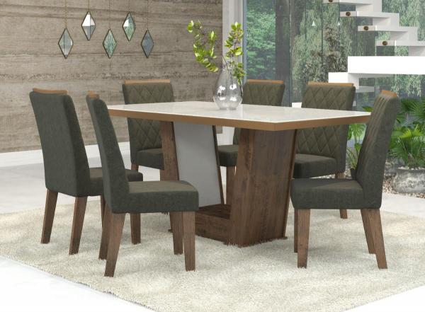 Conjunto de Mesa para Sala de Jantar Condessa Vidro Branco com 6 Cadeiras Ebano/Camurça - At House