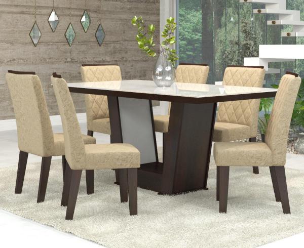 Conjunto de Mesa para Sala de Jantar Condessa Vidro Branco com 6 Cadeiras Nogueira/Gold - At House