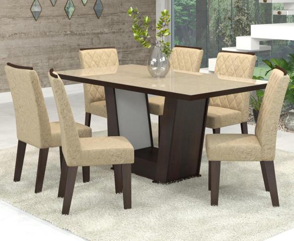 Conjunto de Mesa para Sala de Jantar Condessa Vidro Bronze com 6 Cadeiras Nogueira/Gold - At House