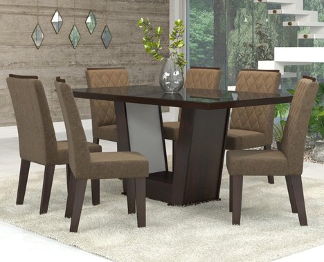 Conjunto de Mesa para Sala de Jantar Condessa Vidro Preto com 6 Cadeiras Nogueira/Camurça