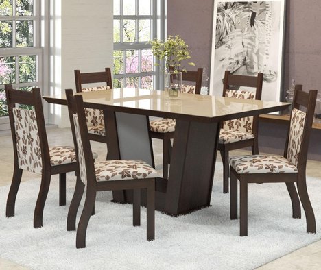 Conjunto de Mesa para Sala de Jantar Delta com Vidro Bronze 6 Cadeiras Nogueira/Brownie