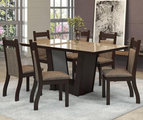 Conjunto de Mesa para Sala de Jantar Delta com Vidro Bronze 6 Cadeiras Nogueira/Dakota