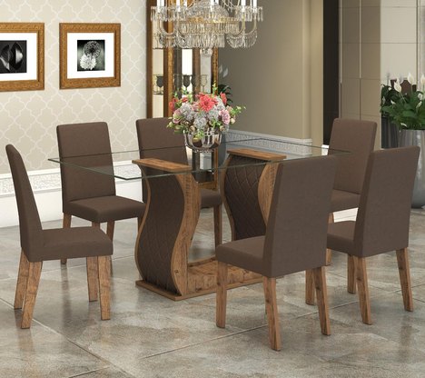 Conjunto de Mesa para Sala de Jantar Detalhes com Vidro 6 Cadeiras Ebano/Camurça