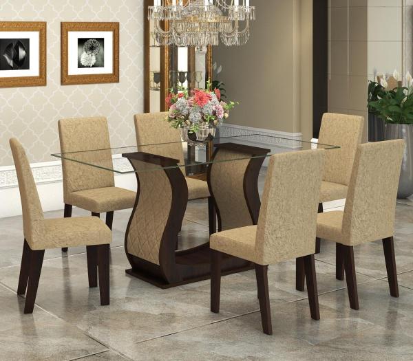 Conjunto de Mesa para Sala de Jantar Detalhes com Vidro 6 Cadeiras Nogueira/Gold - At House